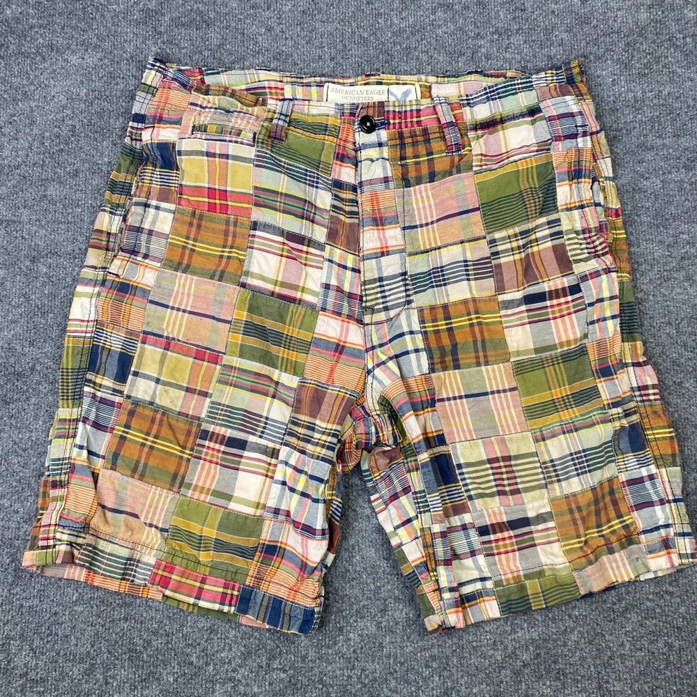 American Eagle Mens Patchwork Madras Plaid Shorts Multi-Color Size 38 Cotton
